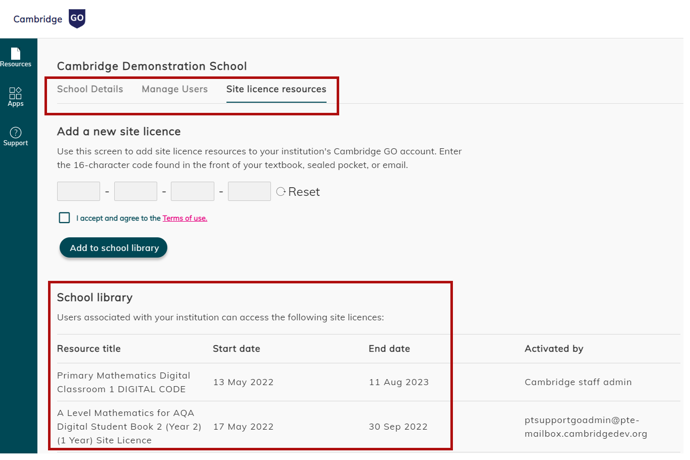 screenshot of Site license tab