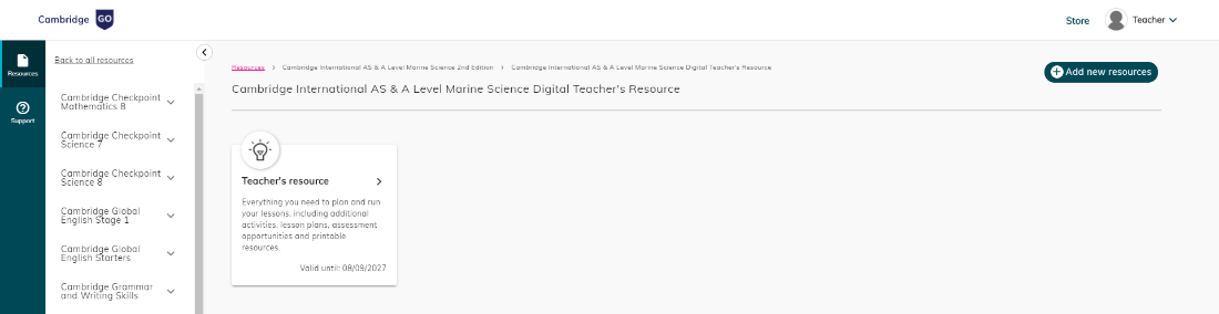 Screenshot of resources screen