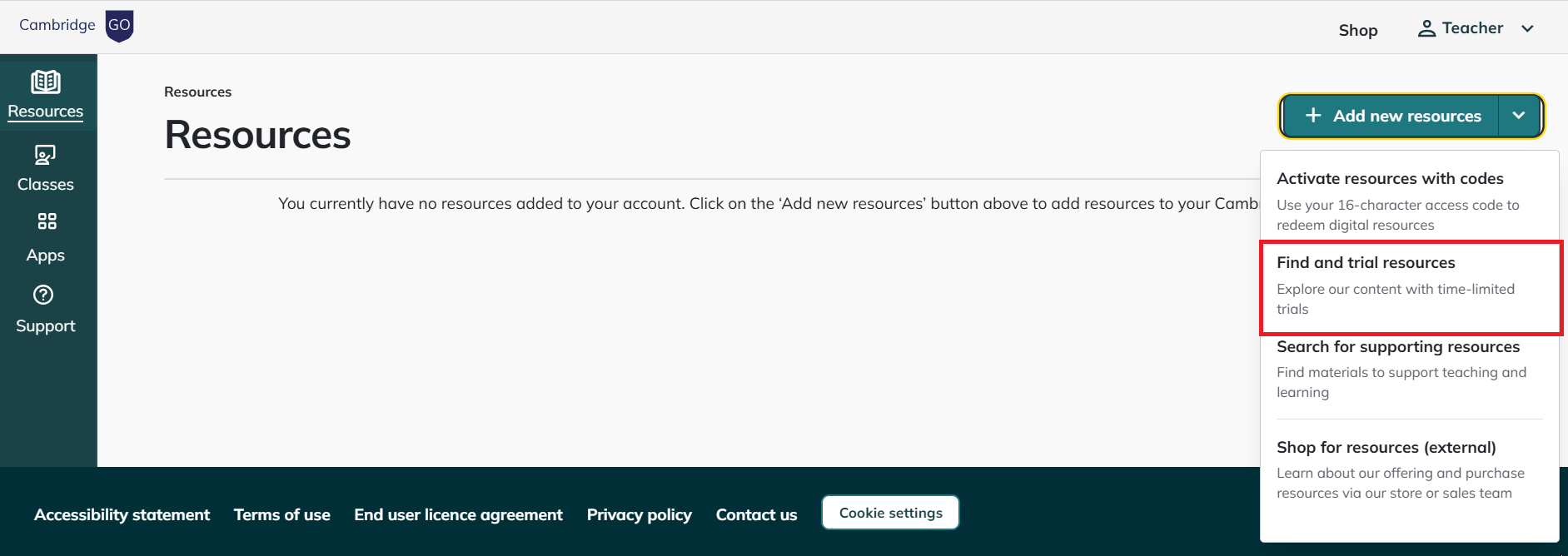 Screenshot highlighting trial resources button