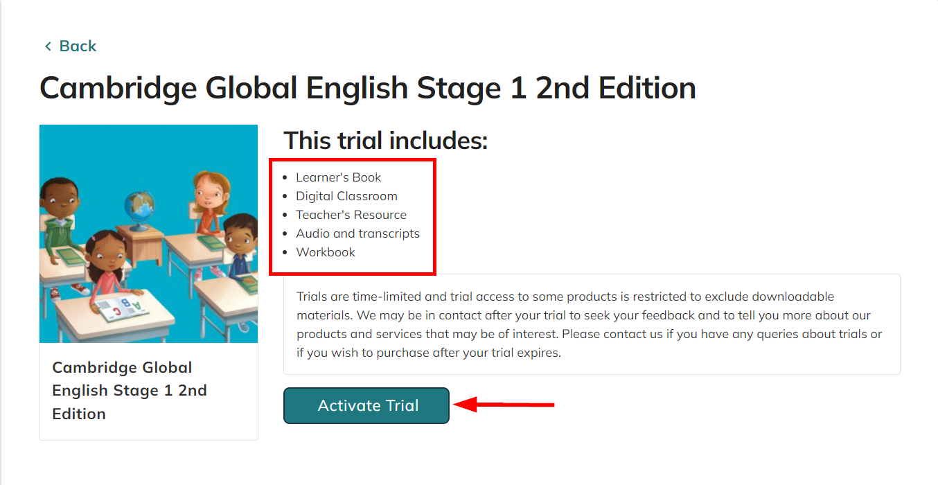 screenshot highlighting components of trials and activate trial button