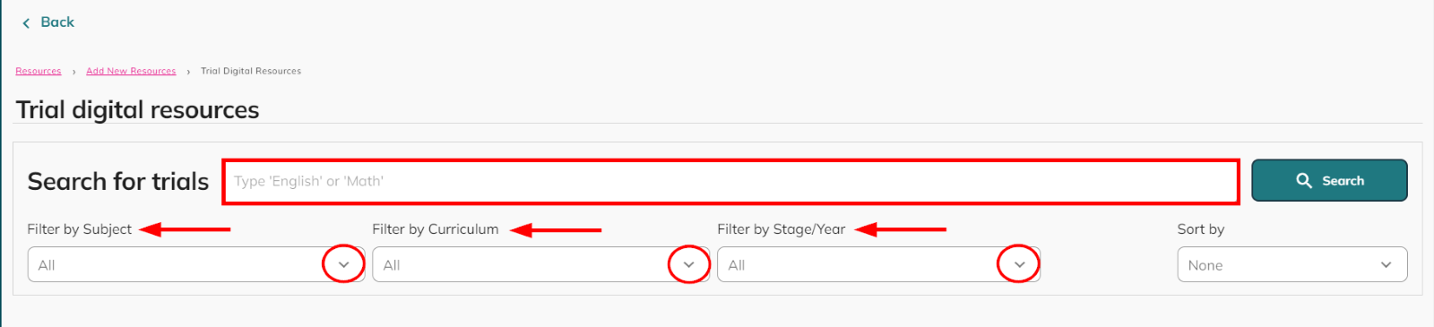 screenshot showing trials search & filter options
