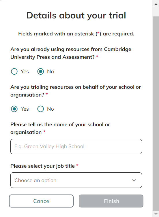 screenshot showing user trial details dialogue box